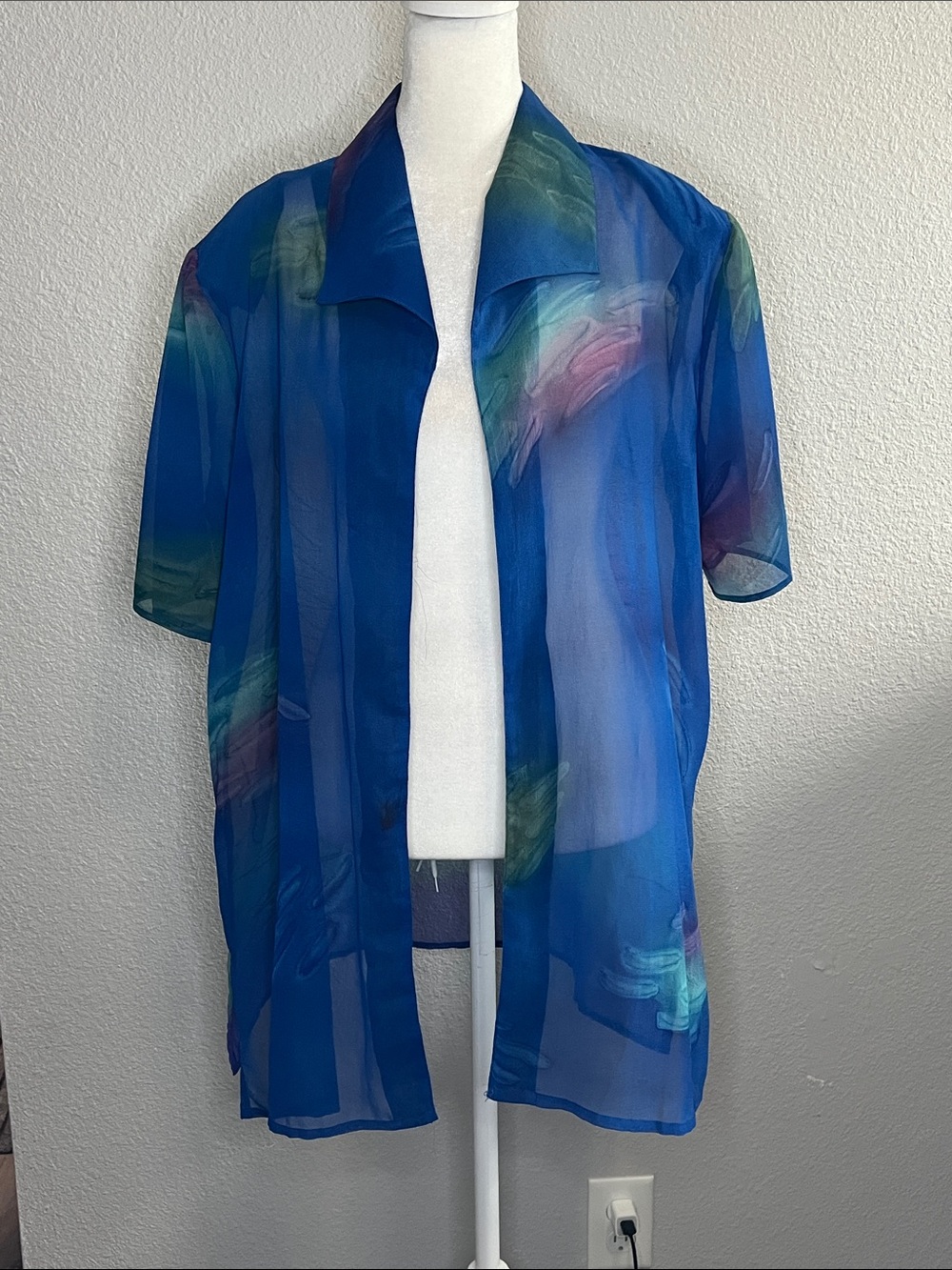 iFi Sheer Open Front Collared Shirt Blue Tropical Watercolor Print Size Large